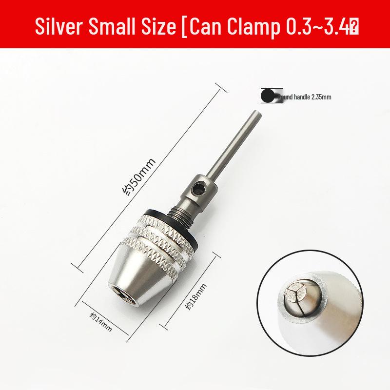 Quick-Change Mini Electric Drill with Three-Jaw Chuck, Hex Extension Rod, and Twist Drill Bit Adapter.
