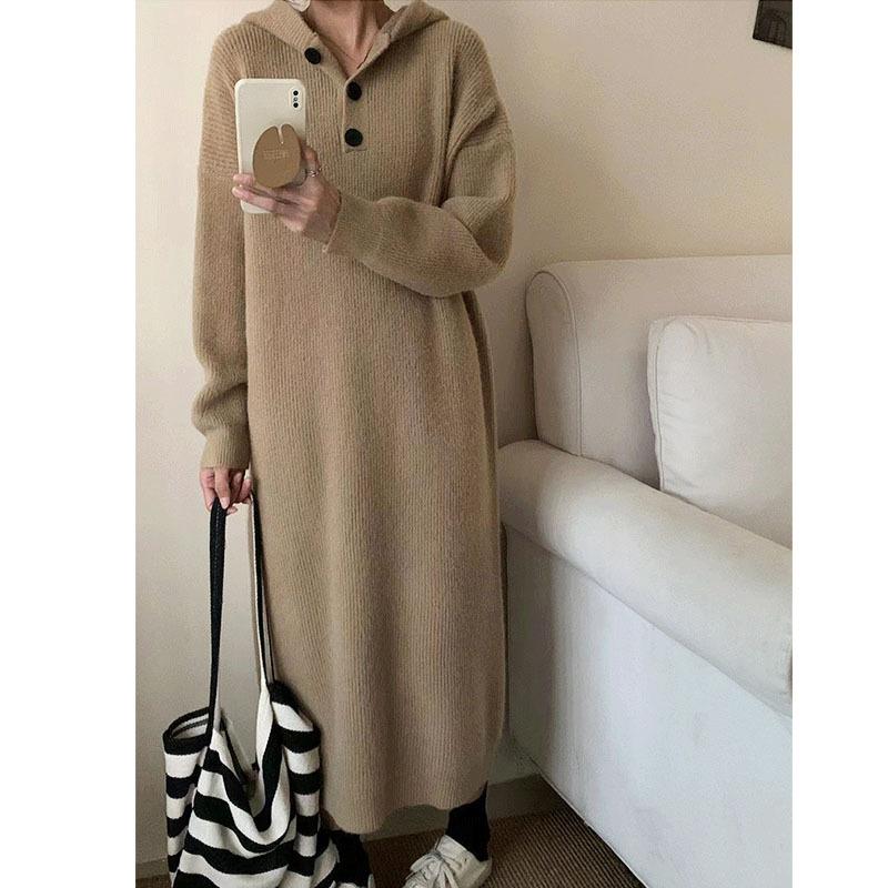 Hooded Single-breasted Pullover Sweater Skirt Women's Autumn and Winter New Lazy Loose Large-size Knitted Dress