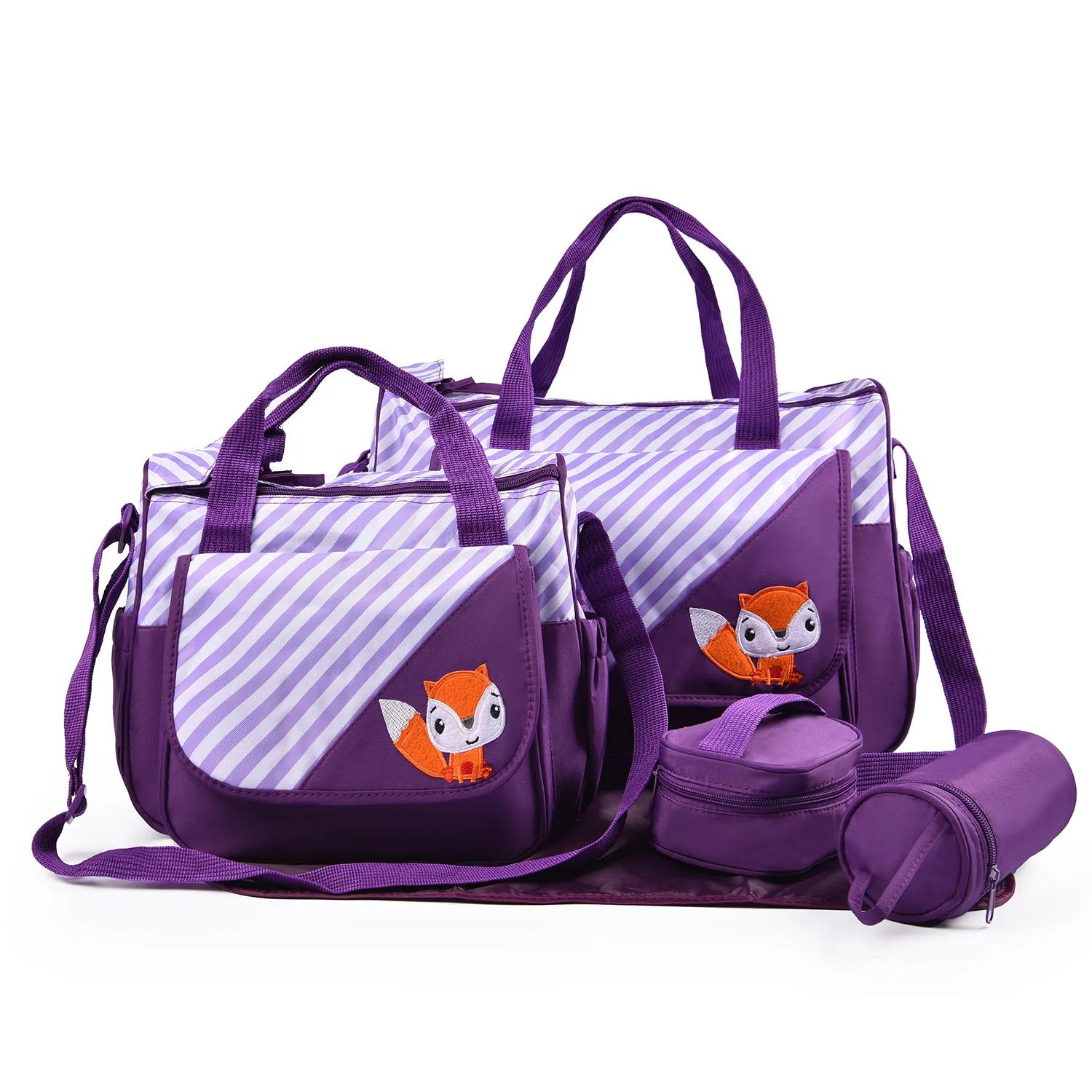 

New Cute Animal Printed Mommy Bag Five Pieces Suits Multifunctional Large Capacity Maternity Baby Mother Diaper Bag For Travel фіолетовий