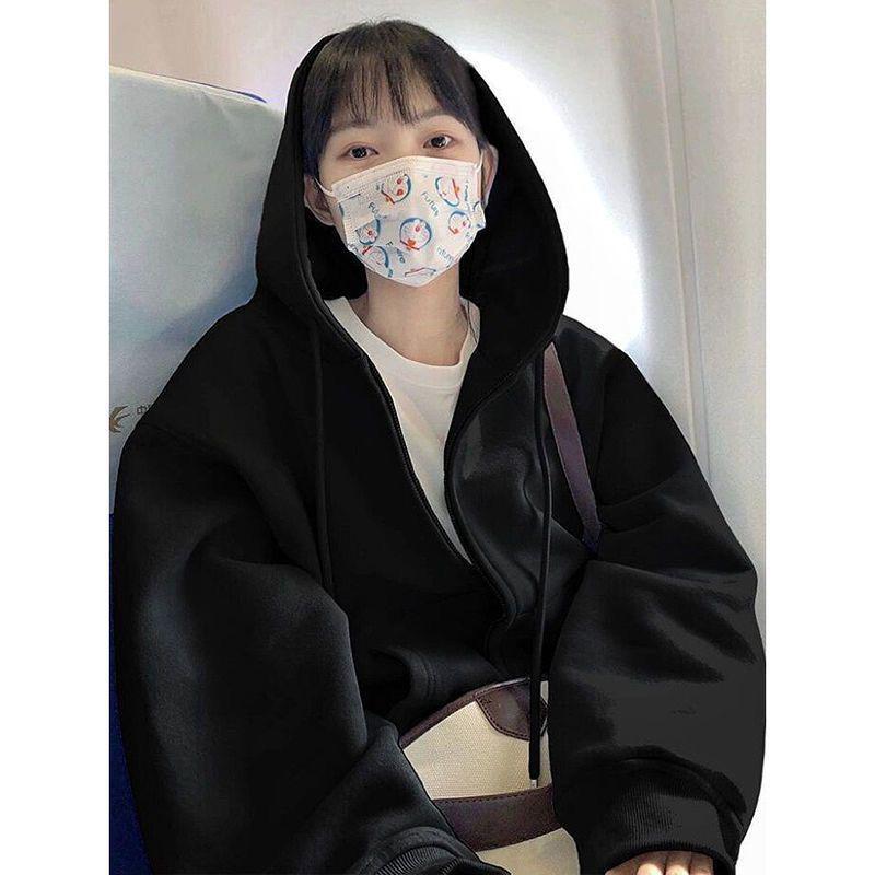 Women's Red Hooded Zip-Up Cardigan - New Year Battle Robe Style, Plus Velvet, Petite Loose Fit for Spring & Autumn