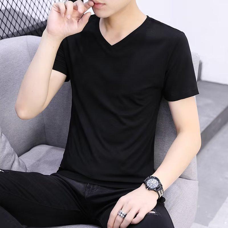 Pure Cotton White Short-sleeved T-shirt for Men's Summer Thin Trendy V-neck 2025 New Large-size Slim Base Shirt Trendy