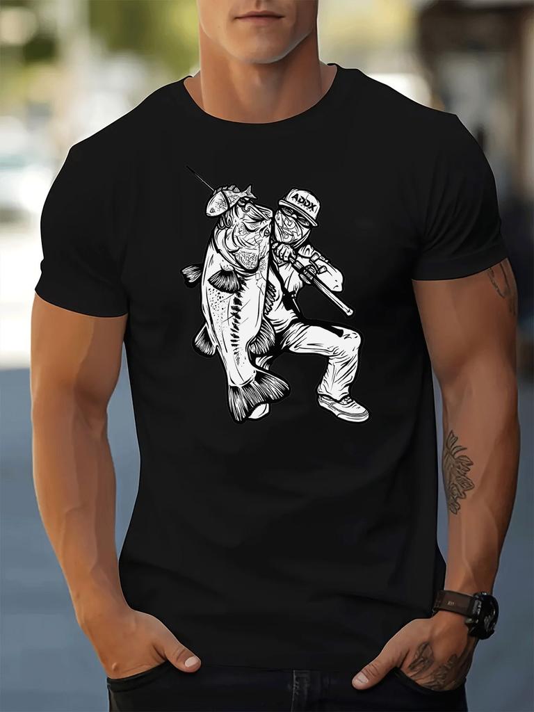 Unisex Crew Neck Tee Cool Fisherunisex Bass Fish Sketch Print Short Sleeve Oversized Male Daily Casual Soft Breathable Basic Wear Top