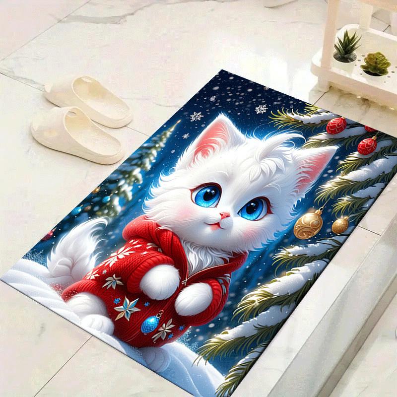 1pc Christmas White Cat Print, Design Indoor Area Rug - Soft, Anti-Slip, and Durable Gaming Room Decor for Bedroom