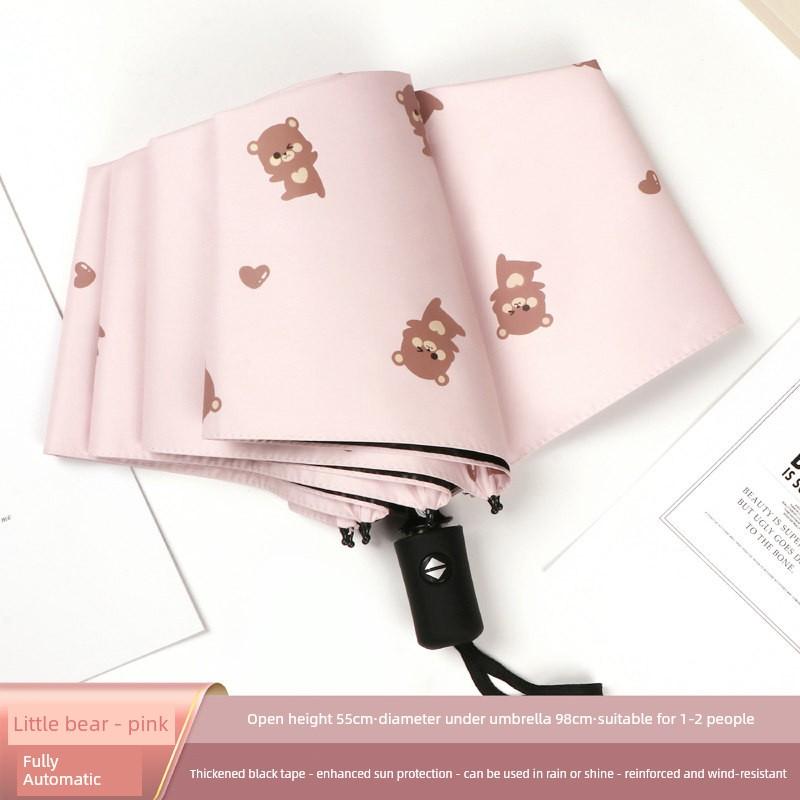 Cute Folding Umbrella for Girls with Black Coating for Sun Protection and Uv Protection, Manual and Fully Automatic, Dual-Use for Sun and Rain