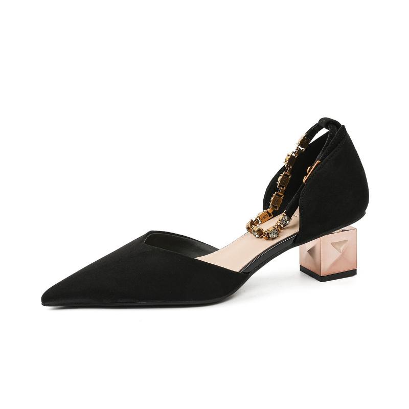 Breathable Suede High Heel Sandals Women 5cm Chunky Heel Hollow Metal Strap Shoes for Office Daily Wear