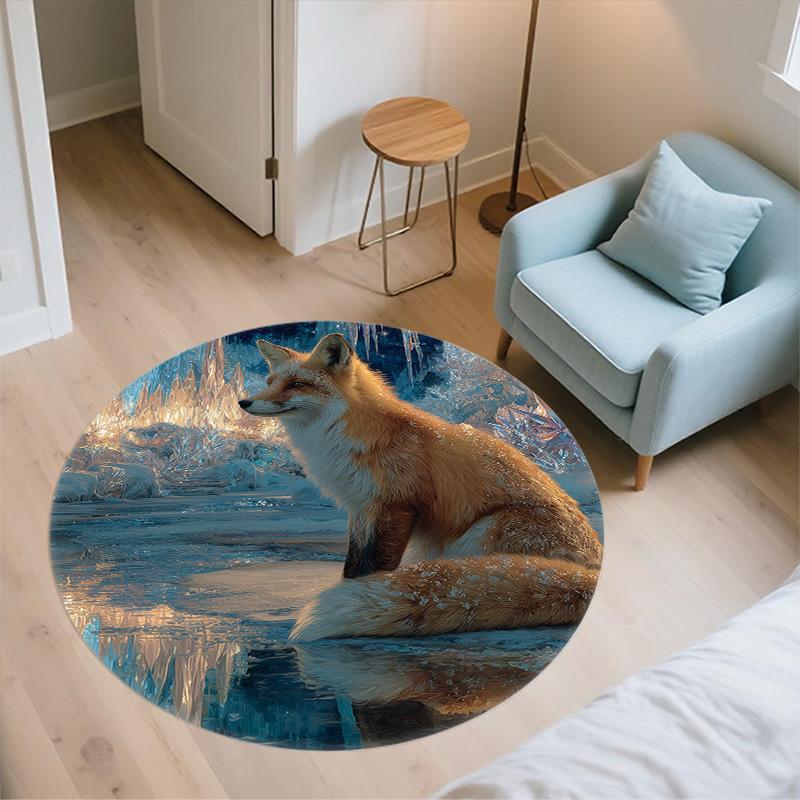 Ice Fox,Round Area Rug,Carpet Rug for Living Room Bedroom Sofa Playroom Decor,Non-slip Floor Mat