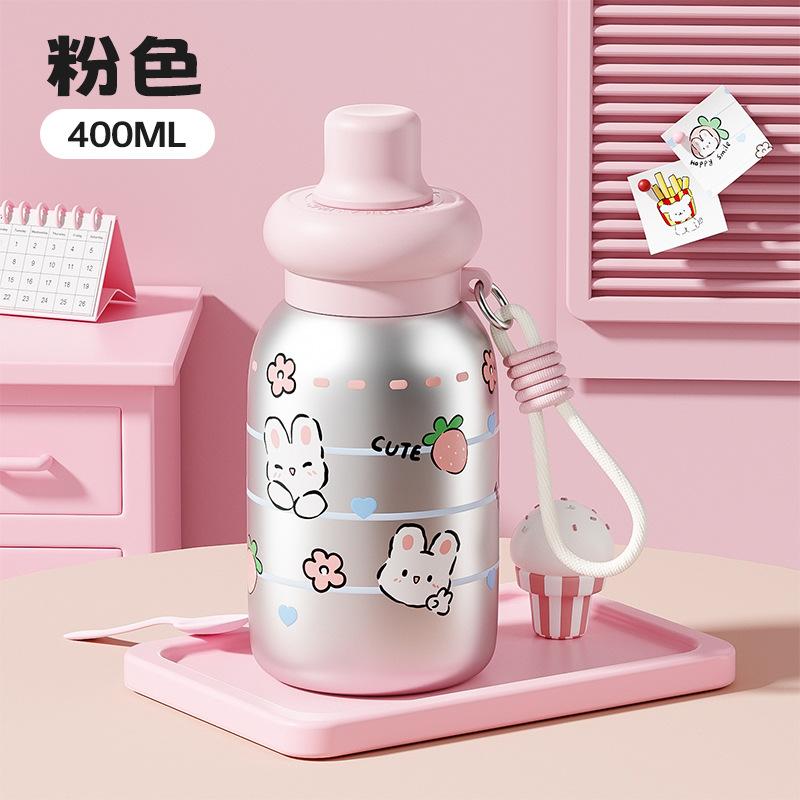Water bottle thermos cup for girls, cute portable lifting rope water cup, high value 111 stainless steel student cartoon straw cup
