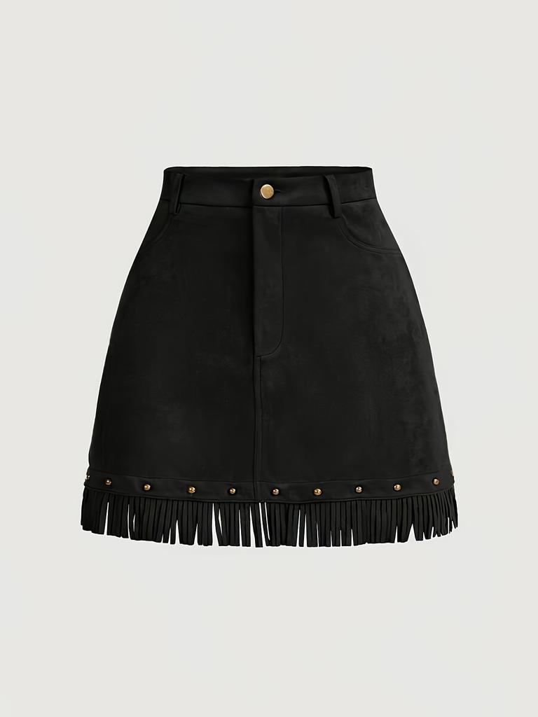 High-Waisted A-Line Tassel Hem Faux Suede Mini Skirt