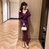 Purple V-neck Knit Sweater Dress for Women Fall Elegant Style Knitted Batwing Sleeve Slim-Fit Long-Sleeve Bodycon Dress
