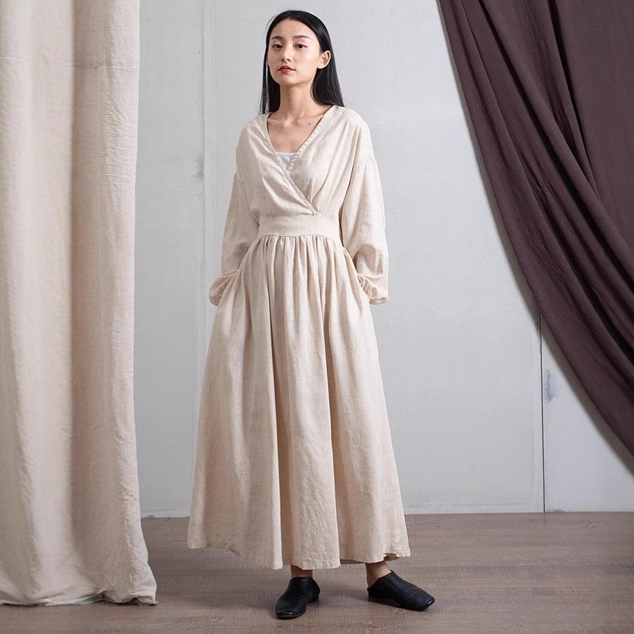 Women's Washed Bamboo Linen Chinese-Style Dress with Waist Seal, Available In 3 Colors