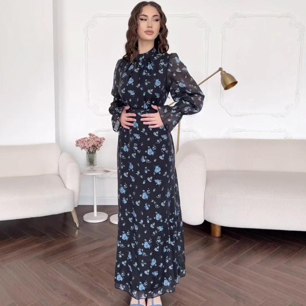 Rochie lungă franceză slim fit cu guler semi-înalt și mâneci evazate, cu imprimeu floral, pentru femei, Toamna 2025
