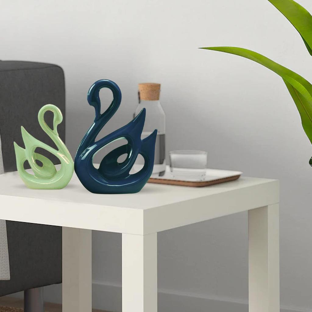 Lucky Swan Couple Piano Finish Ceramic Figures for Home Decor (Set of 2 Pc, Large, Navy Blue & Parrot)
