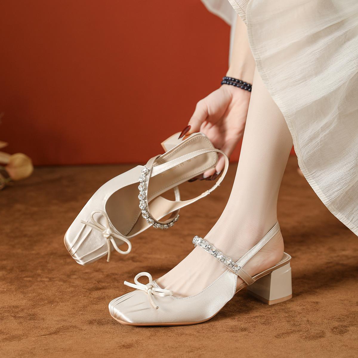 

Fashion Mary Jane Shoes High Heels Women s High End Summer Thick Heels Single Shoes Square Head Bow Women s Shoes Rear Empty Sandals 40