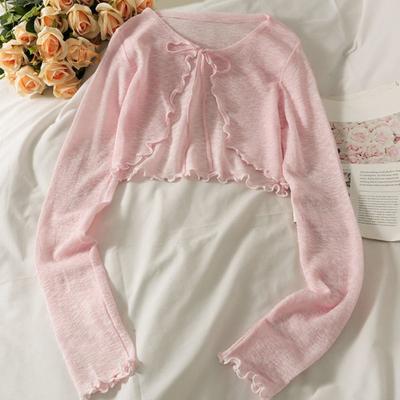 Sun Knit Cardigan for Women Tie Front Long Sleeve Sheer Mesh Beach Cover Up Ruffle Hem Thin UV Protection Sun Shirts