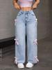 Jeans Casual da Donna con Decorazione a Fiocco Y2k Blu Larghi Denim Pantaloni Ampi Dritti Estetica Dolce Coquette Jeans Lavati