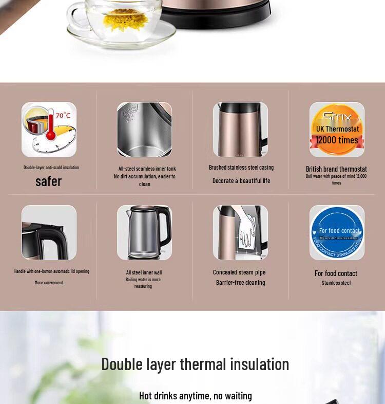 Supor 1.7L Stainless Steel Electric Kettle - Seamless Double Layer, Anti-Scald Design, 304 Steel Kettle.