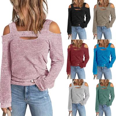 Women's Solid Color Casual Loose Long Sleeve T-Shirt Top,square Collar Off Shoulder Top
