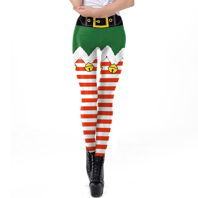 Womens Christmas Striped Print Slim Mid-Rise Leggings Cosplay Bottoms