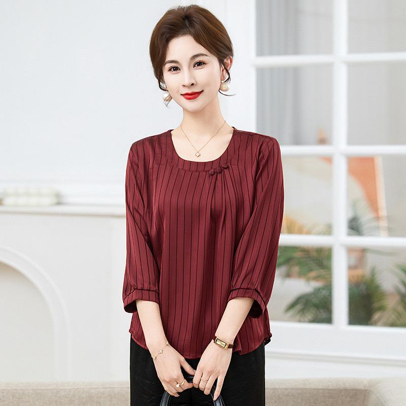 

Mother s Striped Round-Neck Short-Sleeved Top - Elegant and Versatile for Spring/Summer, Ideal for Mother s Day XL (85-105 kg) червоний