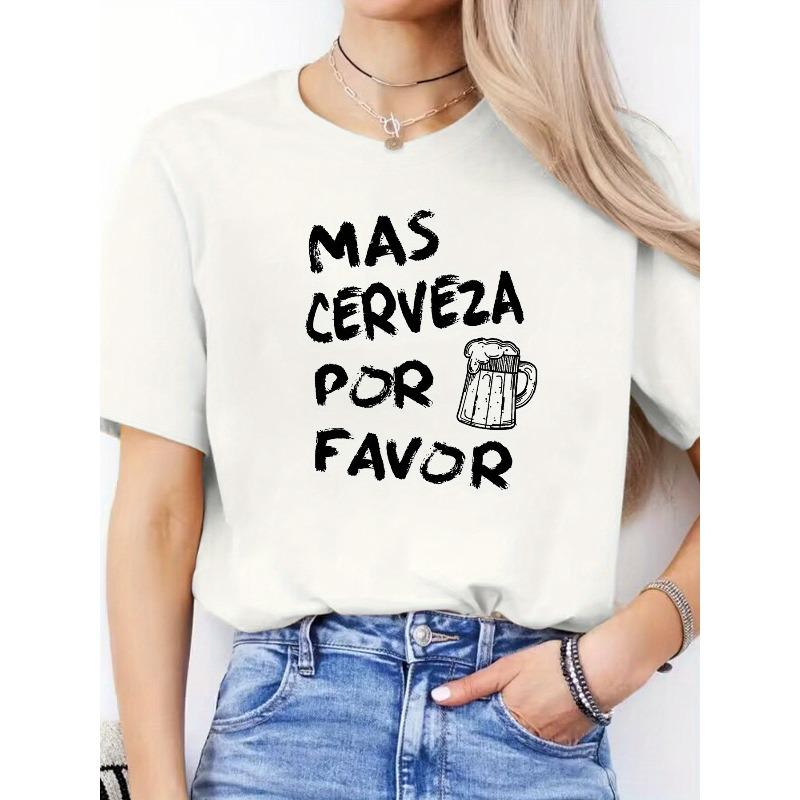 Women s Casual Sports Top, Round Neck, Short Sleeve, Spanish Letter Print, For Spring And Summer S белый