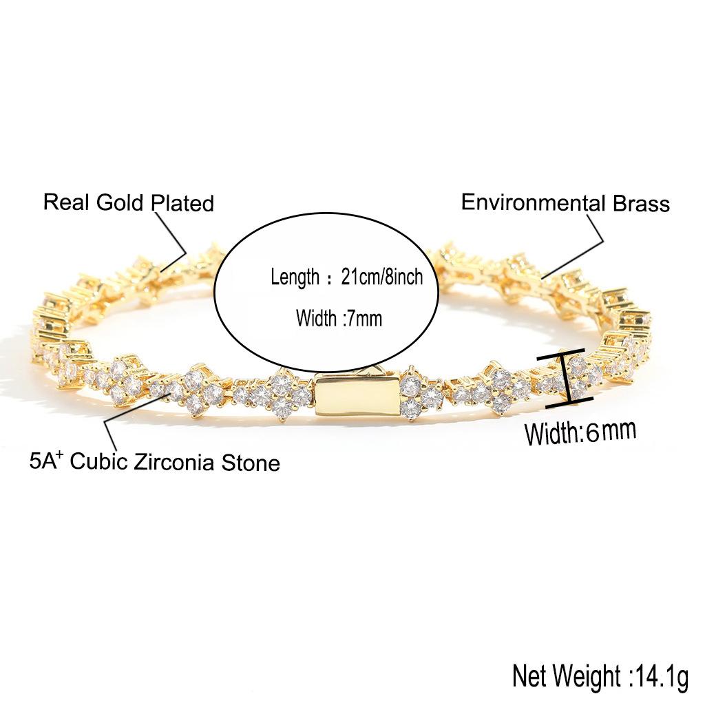 Fashion Bangle Hip Hop 6mm Iced CZ 5A Zircon 18K Gold Plated Rhodium Plated Clustered Cross Flower Tennis Chain Link Unisex Gift