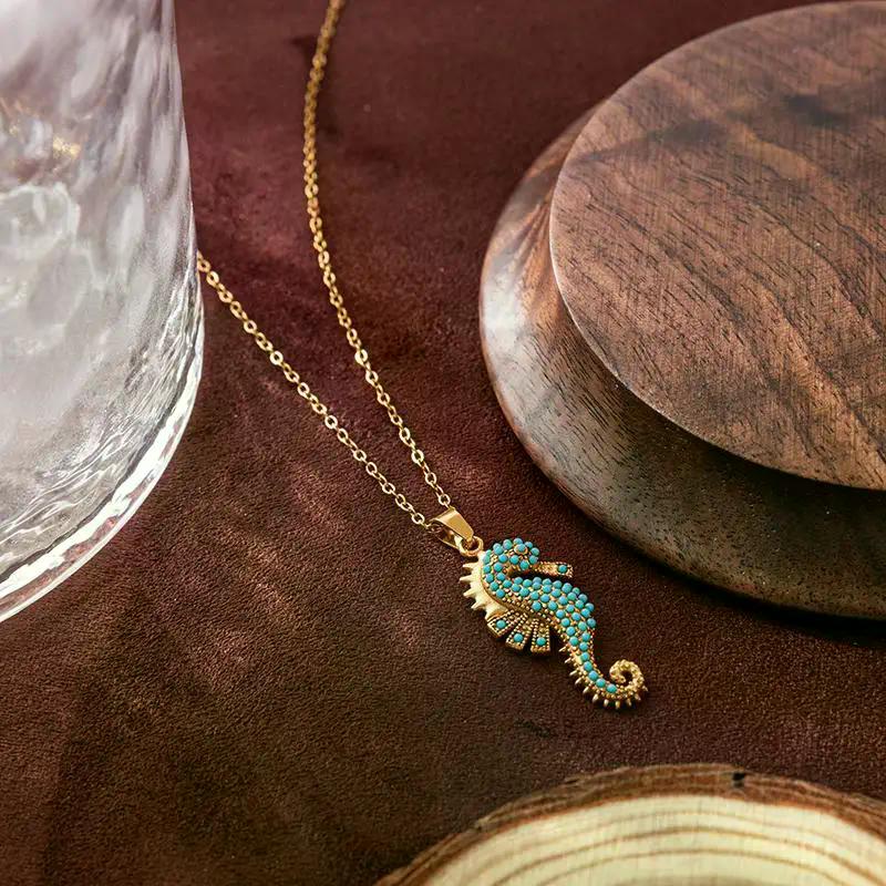 1PCS Stainless Steel Seahorse Pendant Necklace Turquoise Boho Ocean Jewelry For Women