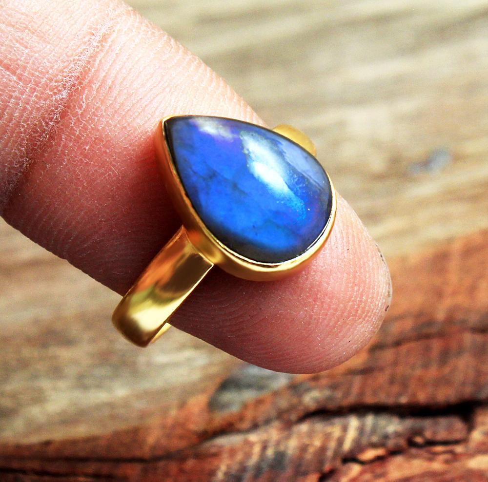Labradorite Gemstone Gold Plated Ring 925 Sterling Silver Handmade Jewelry