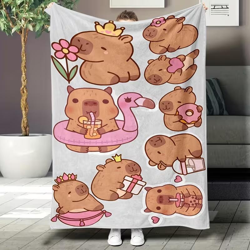 Warm Capybara Family Theme Flannel Blanket, Comfortable and Lightweight Multi-purpose Blanket for Sofa Birthday Gift Blanket