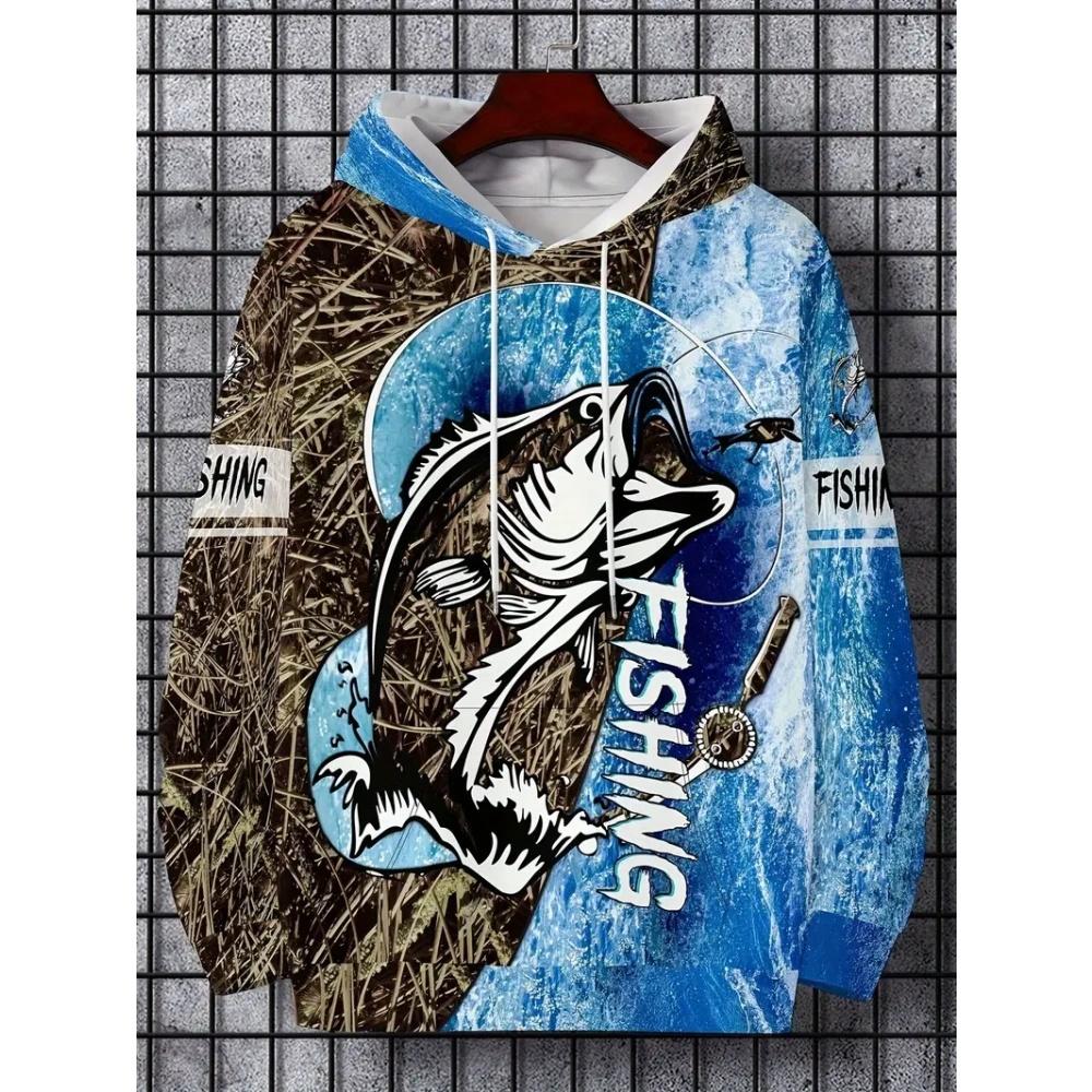 Fashion Fishing Pattern Print Hoodies for Man Autumn Winter Outdoor Loose Enthusiast Long Sleeve with Pockets Men's Sweatshirt