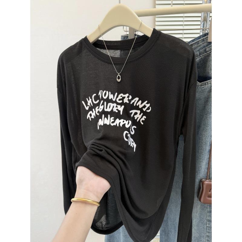 

Реальное фото, тонкая слегка прозрачная блузка с длинным рукавом для защиты от солнца, женская летняя свободная верхняя футболка XL чёрный