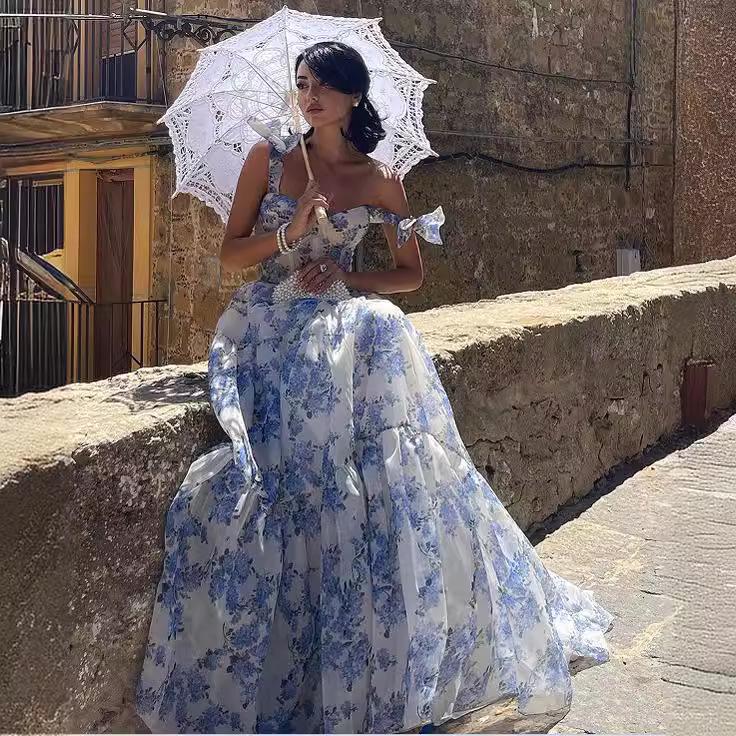 European & American Floral Organza Sleeveless Strappy Dress