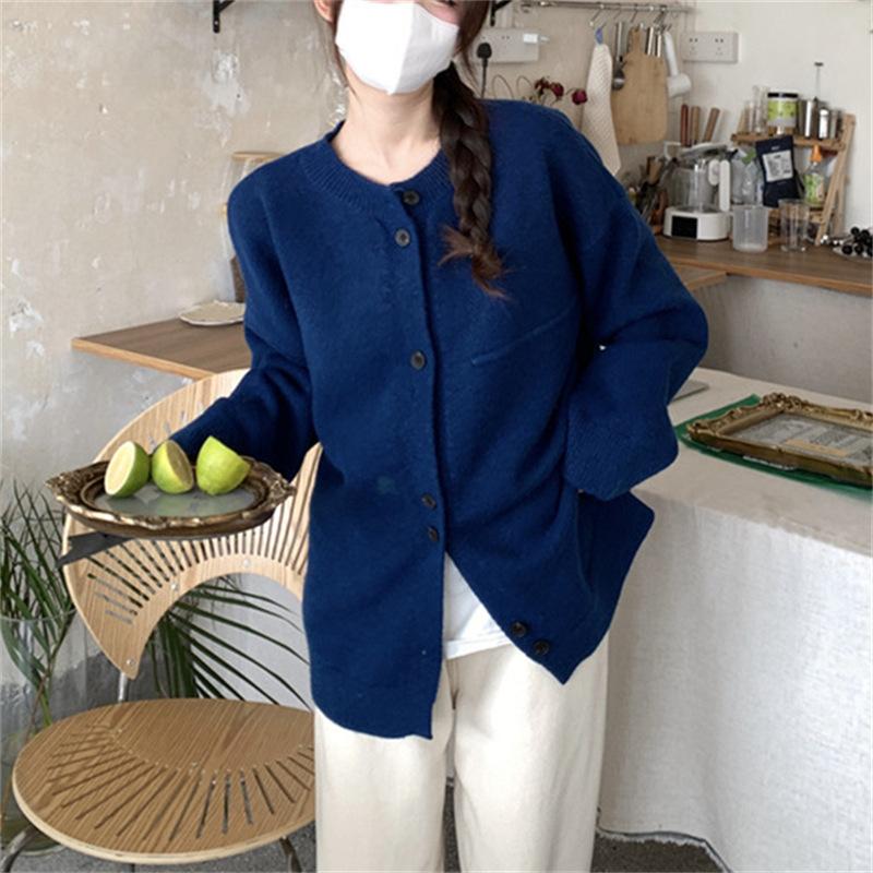 Autumn and winter crew neck knitted cardigan sweater women's lazy style large version loose solid color high-end coat