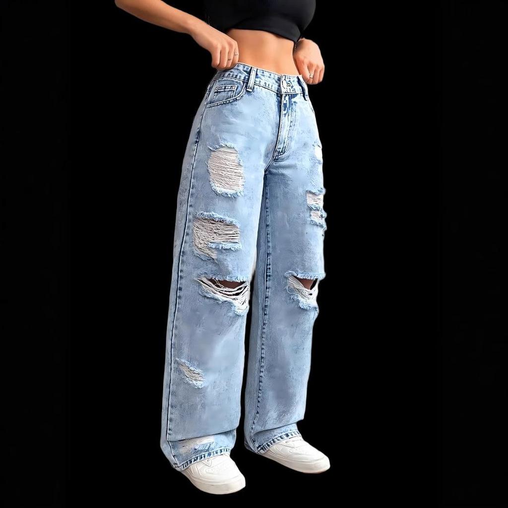 New Women's Street Style Solid Color Washed Wide Leg Jeans, Loose Fit Straight Denim Pants for Casual INS Fashion