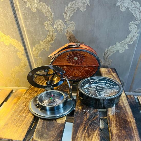 Brass Sundial Compass with Leather Box Nautical Calendar
