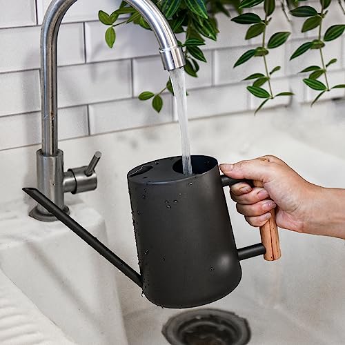 IMEEA Watering Can, 1000ml, Stainless Steel with Wooden Handle, Stylish Gardening Tool, Black