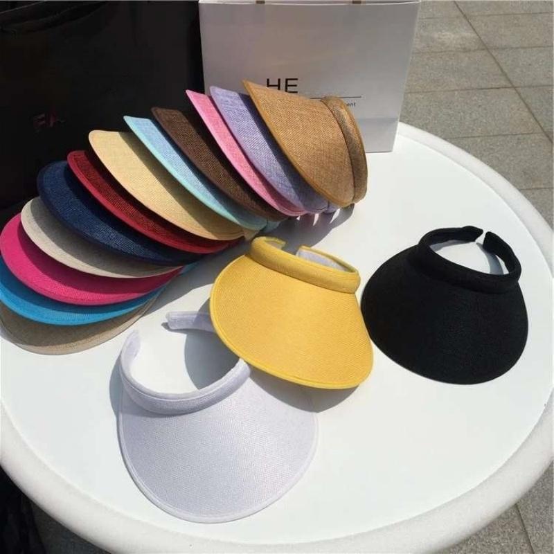 Nuevo Sombrero de Sol Casual de Verano para Mujer Playa Sombrero Vacío Damas Ajustable Paja Natural Gorra sin Copa