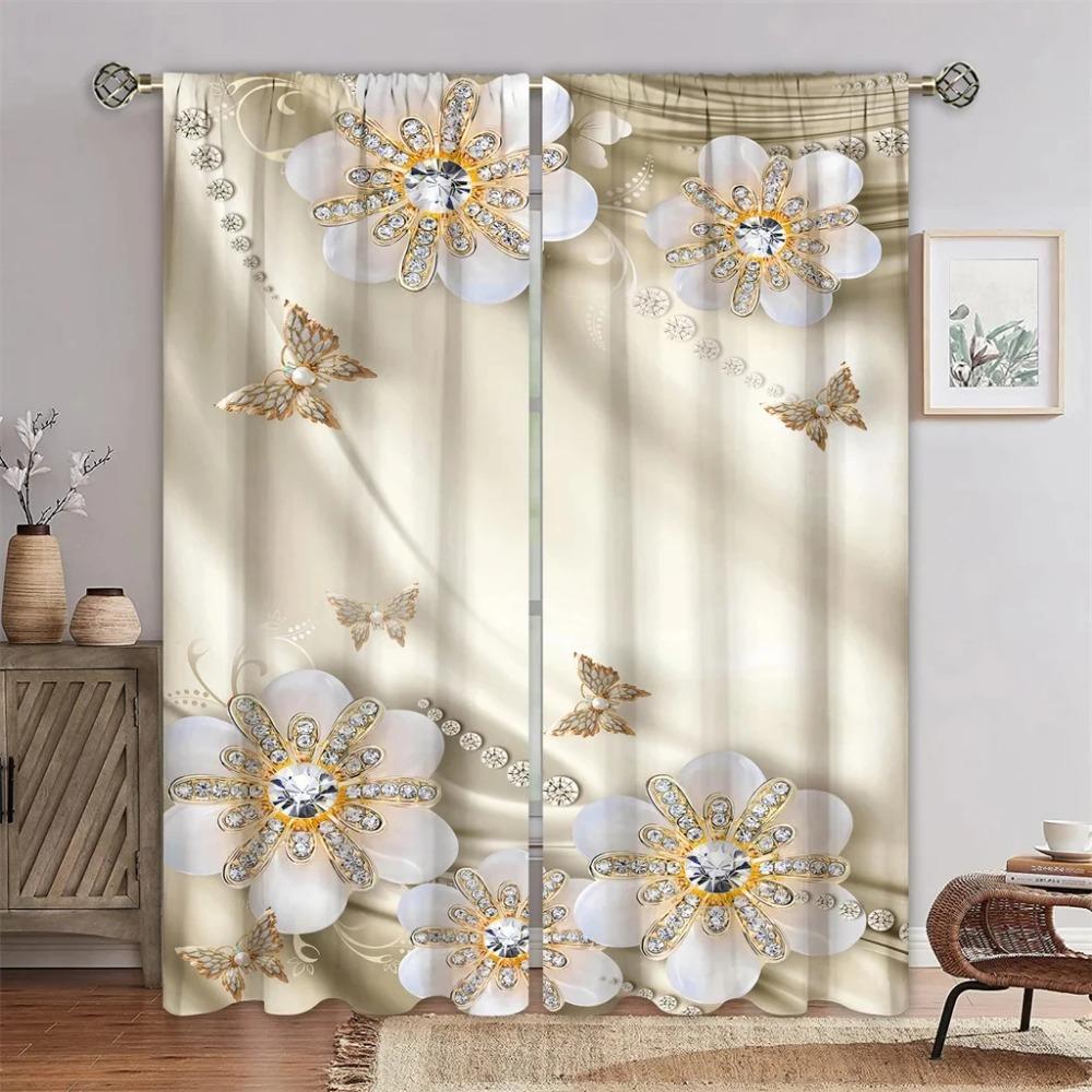 Vintage Pearl Diamond Gold FlowerFree Shipping Window Curtains For Living Room Kids Bedroom Bathroom Kicthen Door Home Decor2Pcs
