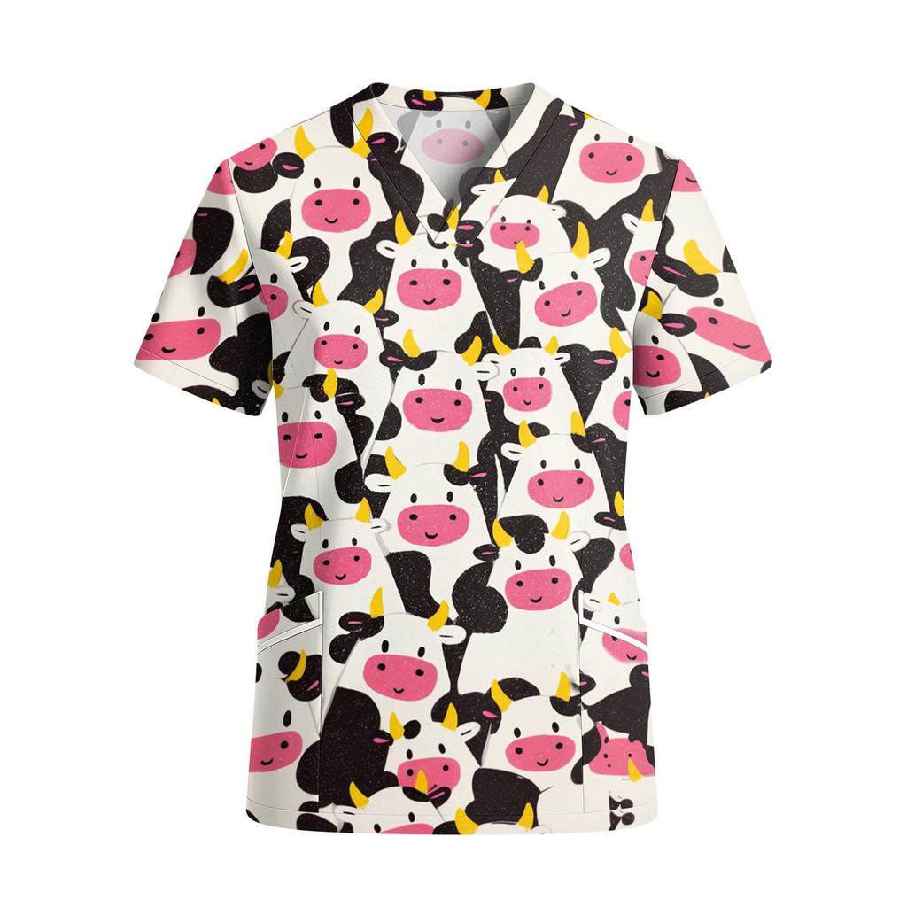 Top de Trabajo para Mujer con Cuello en V de Manga Corta y Bolsillos Estampado de Dibujos Animados Camisa de Uniforme Médico Ajuste Cómodo Tejido Duradero Adecuado para Profesionales de la Salud