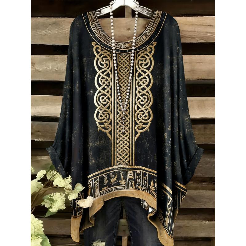Fashion New Arrival Plus Size Bastet Egyptian Cat Goddess Print Women's Top Elegant Casual Style Round Neck Long Sleeve T-Shirt