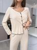 European and American Ribbed Knit Women's Pajama Set - Cardigan & Long Pants - Luxurious French Style Homewear for Autumn/Winter
