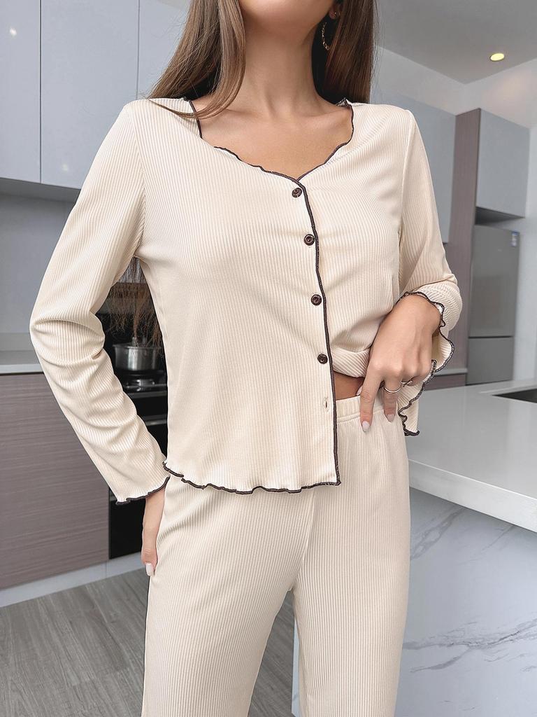 European and American Ribbed Knit Women's Pajama Set - Cardigan & Long Pants - Luxurious French Style Homewear for Autumn/Winter