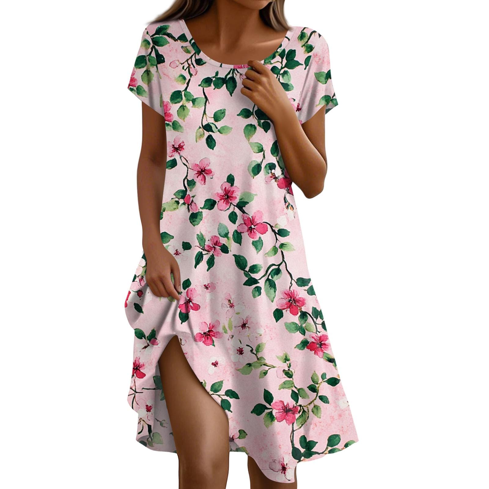 

Платье в стиле бохо с коротким рукавом для женщин, повседневное, свободного кроя, летнее, сарафан с цветочным принтом и карманами XL розовый