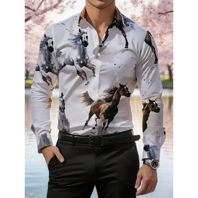 Men's long sleeved shirt with printed collar button up cardigan shirt, new fashionable men's top, trendy street daily wear