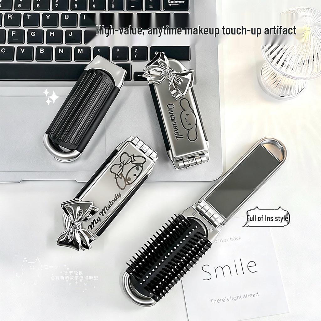 Silver Sanrio Foldable Air Cushion Comb with Mirror for Female Students - Portable Mini Comb