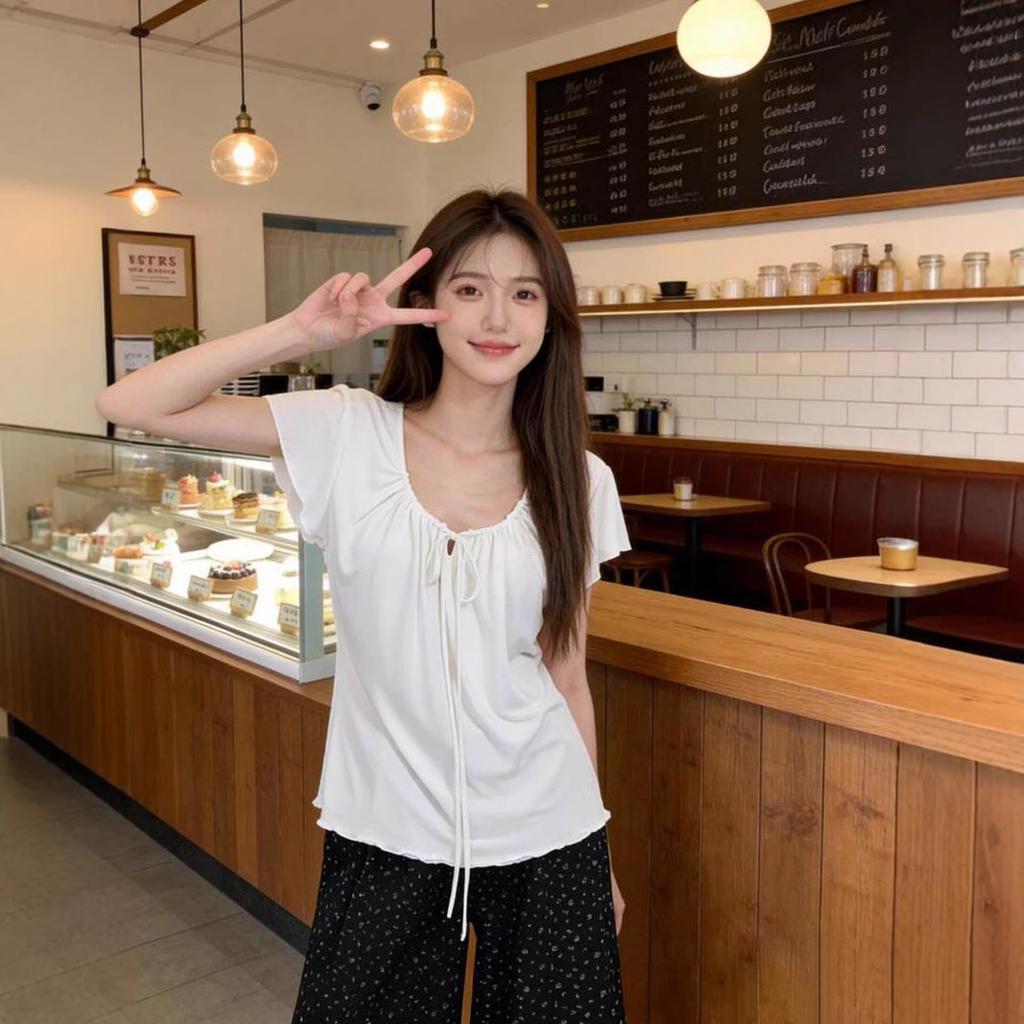 Korean White Small Flying Sleeve T-shirt Summer New Design Sense Niche Lace-up Foreign Style Versatile Top Women's Trend