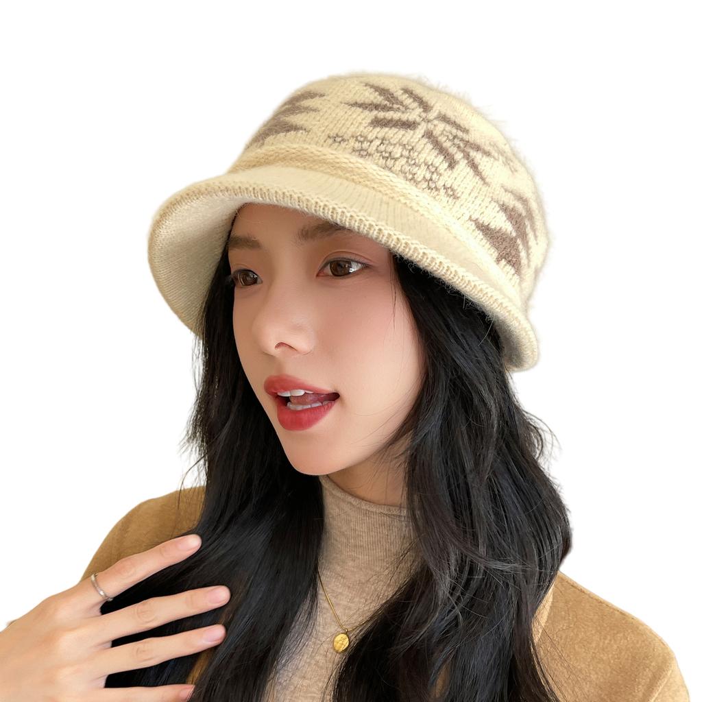 Elderly Women's Hat Autumn Winter Bucket Hat, Plush Lining Warm Thickened Knitted Cotton Beanie