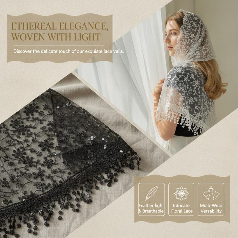 Luxury Embroidery Lace Tassel Headscarf Women Sheer Mesh Bandana Hijab Vintage Floral Head Wrap Boho Hair Scarf Daily Accessory