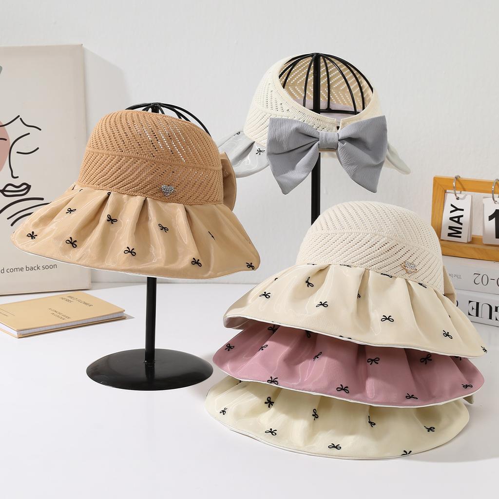 Summer Colored Glue Bow Sun Hat Women's Big Eaves Sun Protection UV Protection Sun Hat Outdoor Travel Empty Top Hat