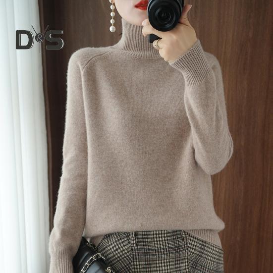 Women Sweater High Collar Long Sleeve Ribbed Trim Knitting Tops Solid Color Loose Fit Thickened Bottoming Tops