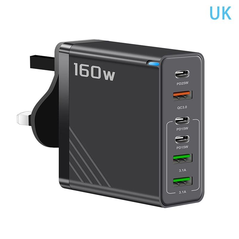 160W 6-Port Fast Charging Usb Type C Quick Charge Pd Qc3.0 Wall Charger Adapter For Iphone Xiaomi Samsung Huawei Phone Charger
